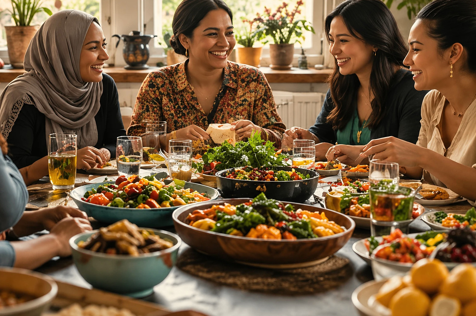 Women from different cultures laughing around a table full of colorful dishes