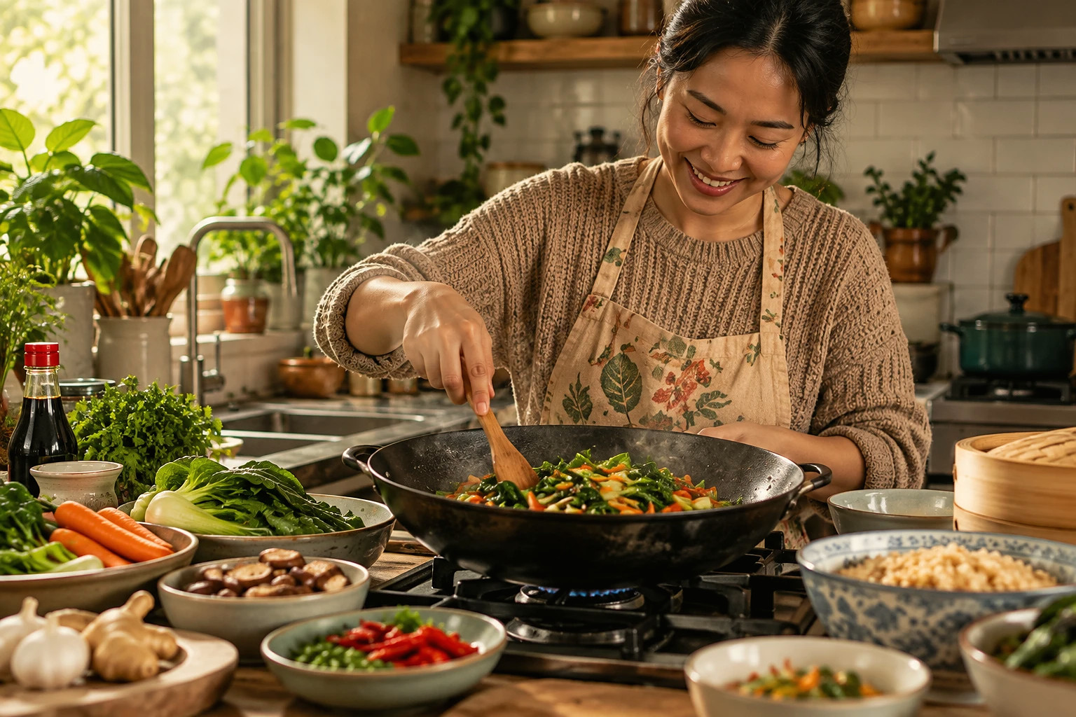 A smiling woman stirring vegetables in a wok, surrounded by bok choy, ginger, garlic, mushrooms, and rice