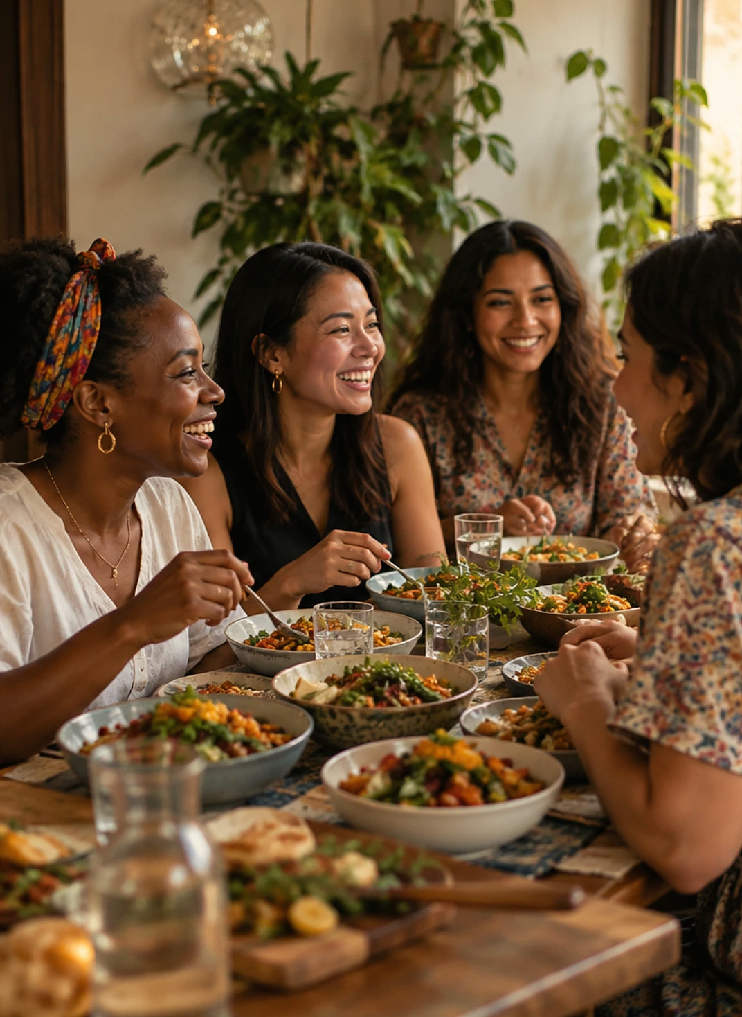 Women from different backgrounds laughing together over a table of shared dishes