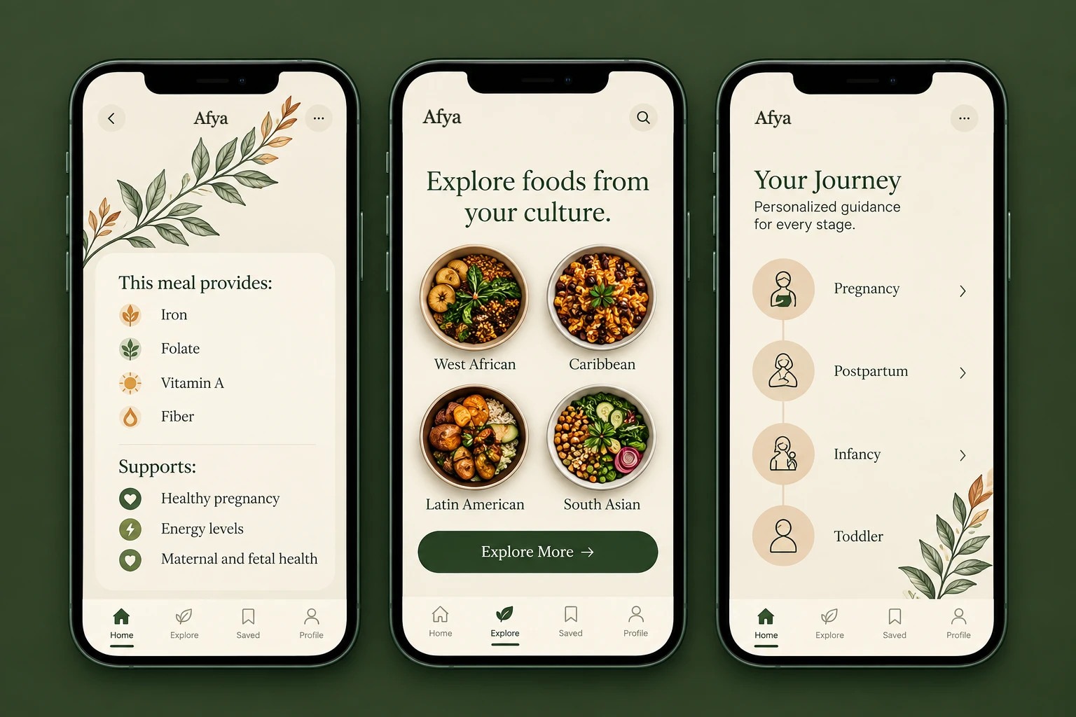 Three concept screens of the Afya app: a meal&rsquo;s nutrients, foods to explore by culture, and guidance for each stage from pregnancy to toddler