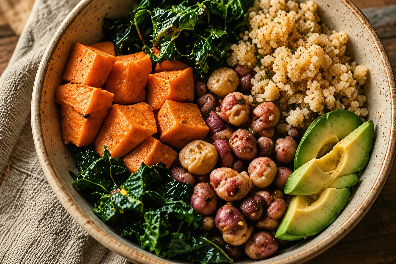 A bowl of roasted sweet potato, greens, beans, quinoa, and avocado