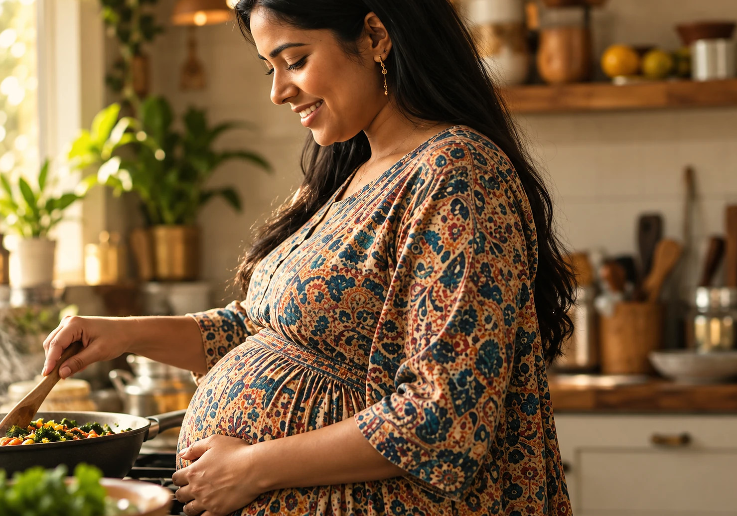 A pregnant South Asian woman smiling as she stirs vegetables in a pan, one hand on her belly, in a sunlit home kitchen