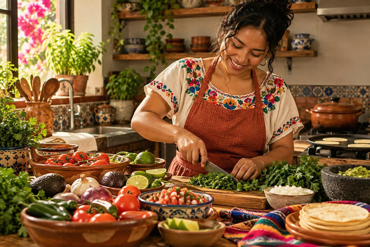 A woman in an embroidered blouse chopping cilantro beside tomatoes, limes, avocados, salsa, and warm tortillas