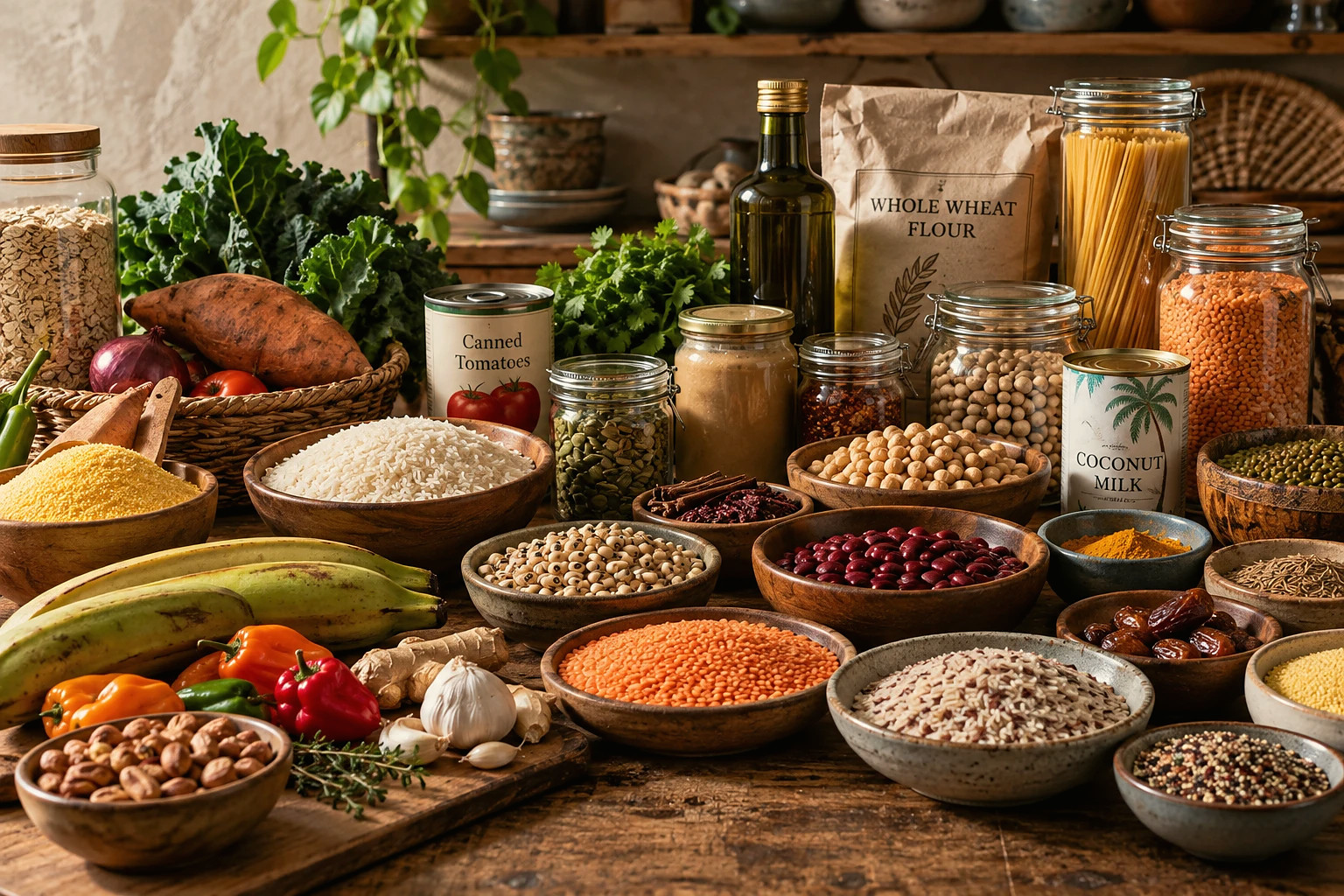 A table of pantry staples: bowls of lentils, beans, rice, and grains with jars, spices, plantains, and fresh vegetables